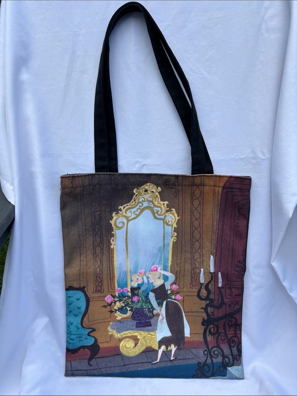 Illustrated 1950’s Artist Mary Blair Tote - Blue, Brown & Gold Accents